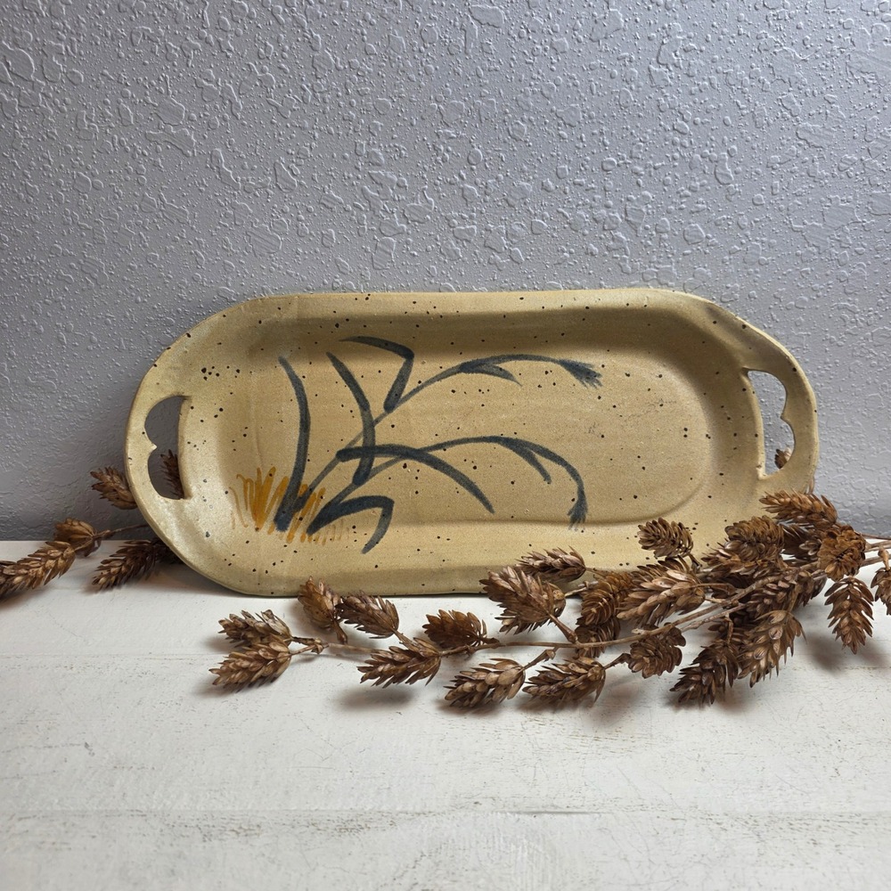 Vintage Signed Studio Pottery‎ Speckled Stoneware Serving Tray Botanical Pattern